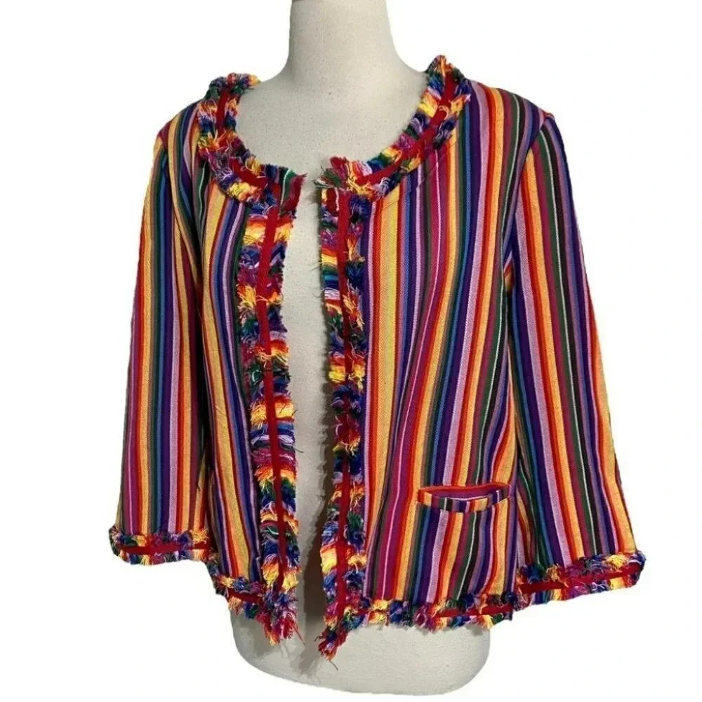 Oso‎ Casuals Jacket XL Multicolor Vertical Stripe Fringe Trim Open Front Boho